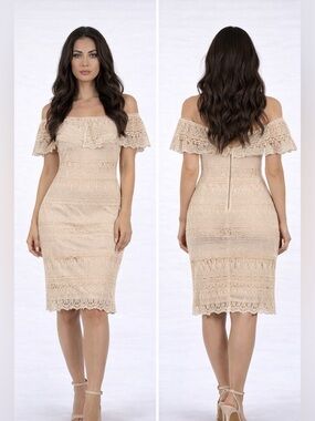 One-Shoulder Crochet Lace Sheath Dress in Beige